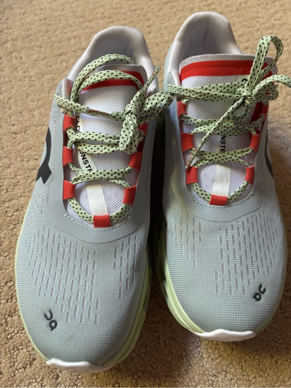 On Women’s Cloudmonster Running Shoes in color Glacier/Meadow Size 8
